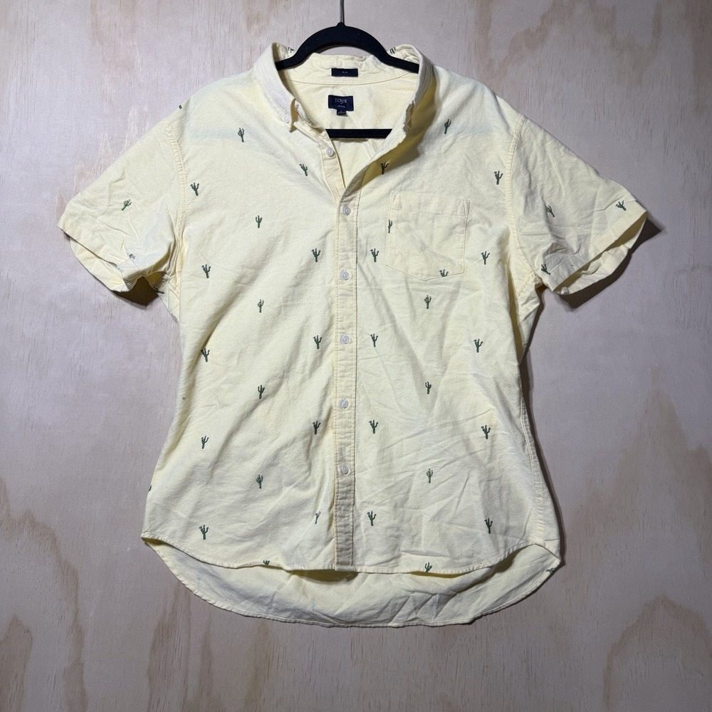 J.Crew‎ Oxford Shirt Men's XL Slim Yellow Cactus Embroidered Button Front Cotton